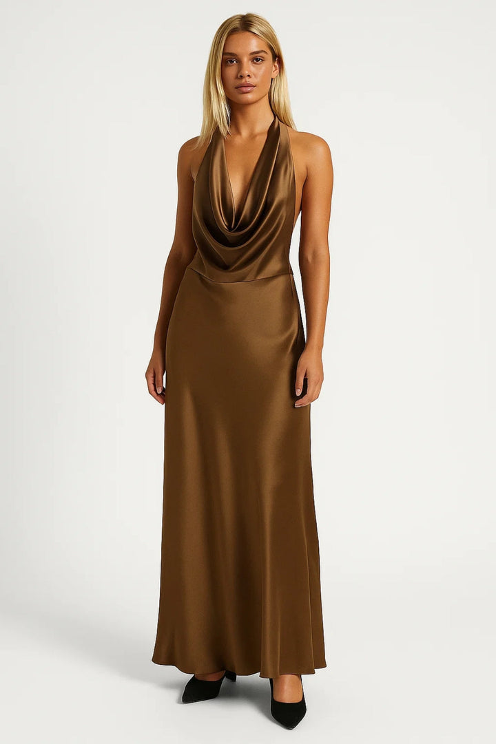 Satin Halter Maxi Dress Silky Backless Gown – Open-Back Evening Style