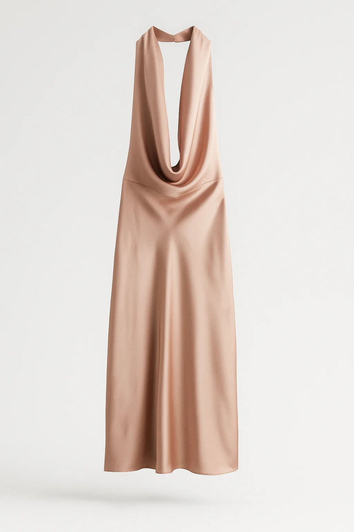 Satin Halter Maxi Dress Silky Backless Gown – Open-Back Evening Style