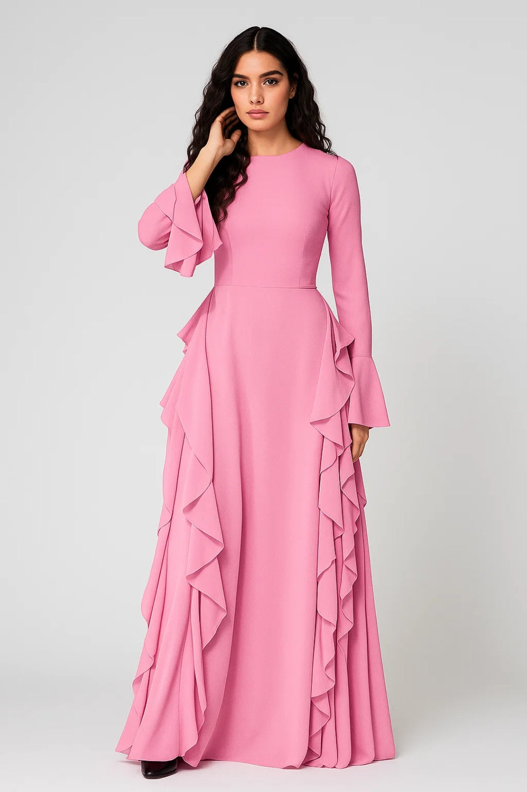 Women's Maxi Dress with Ruffle Detail – Long Sleeve Flowy Silhouette