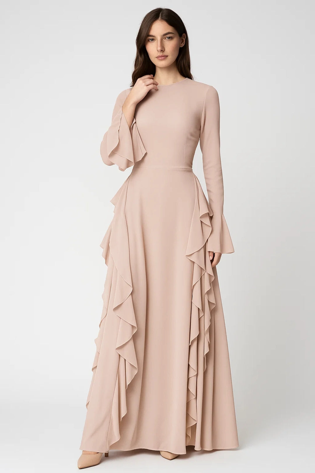 Women's Maxi Dress with Ruffle Detail – Long Sleeve Flowy Silhouette