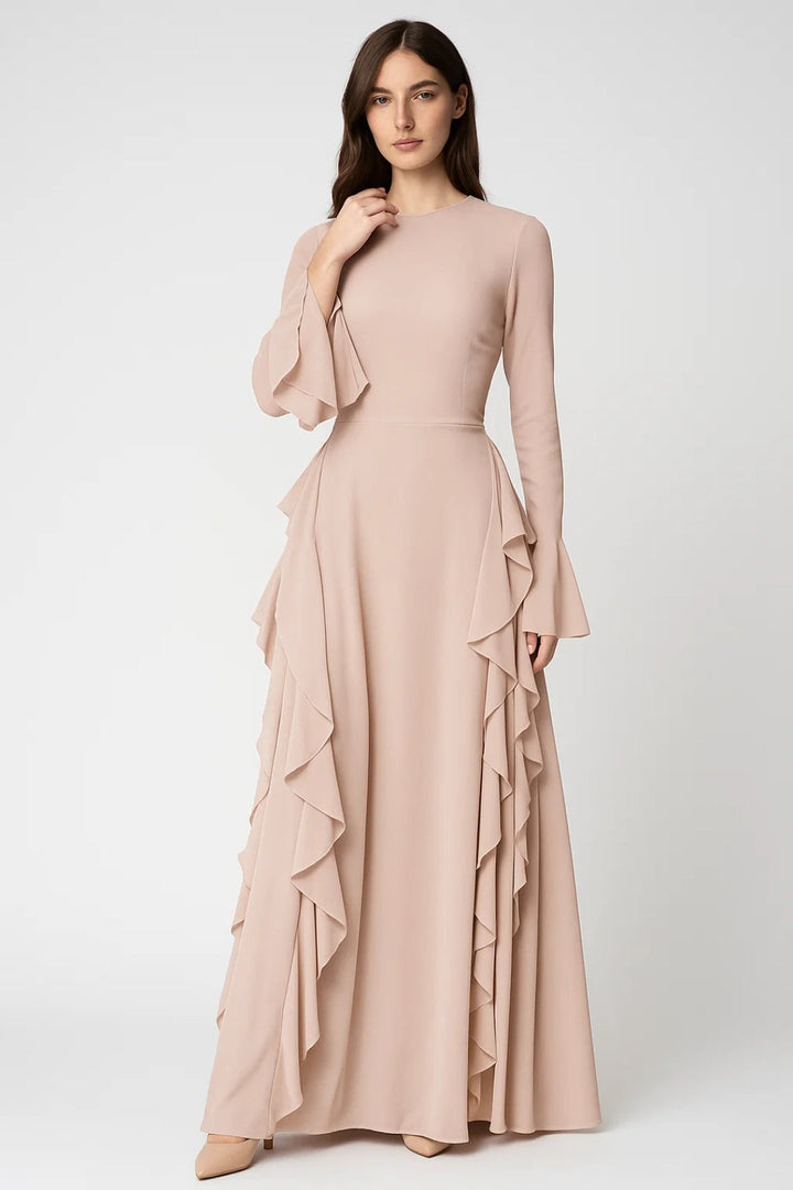 Women's Maxi Dress with Ruffle Detail – Long Sleeve Flowy Silhouette