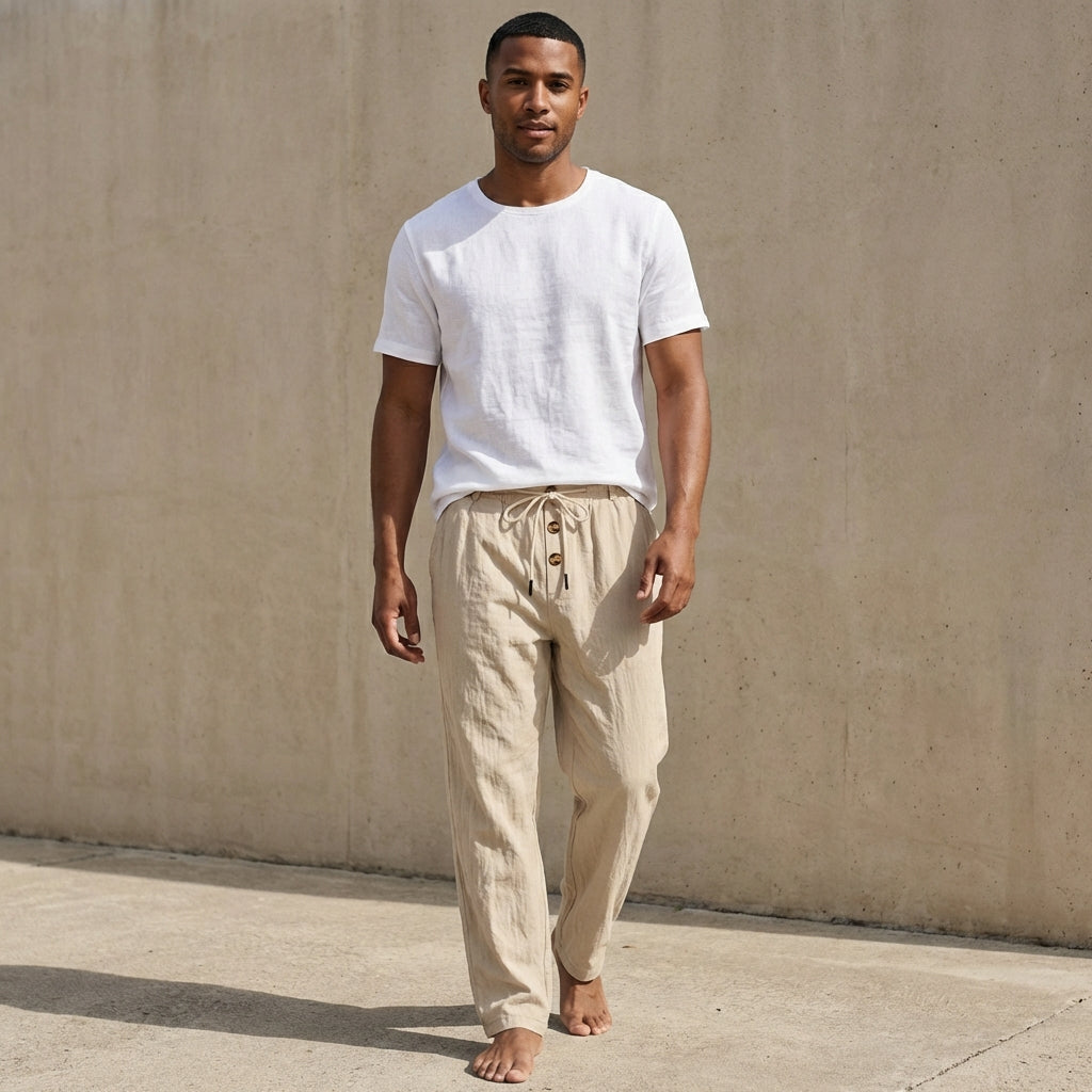 Men's Premium Linen Wide-Leg Trousers – Drawstring Waist Button Fly
