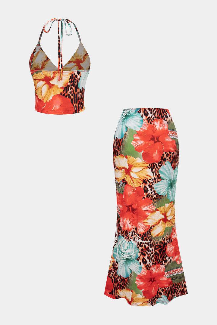 Women's Floral Print V-Neck Halter Top High-Waist Skirt Set – Co-Ord