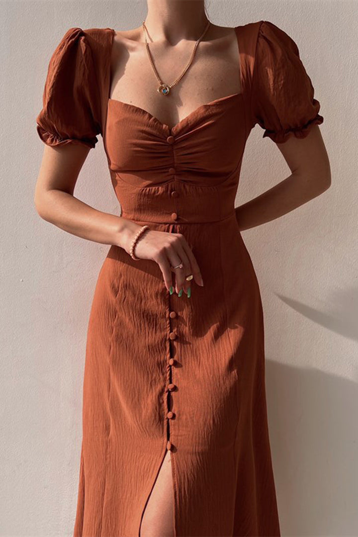 Midi Dress Women V-Neck Single Breasted A-Line – Flattering Mid-Length
