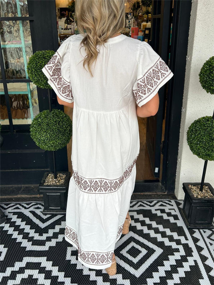 Women's Boho V-Neck Midi Dress Short Sleeve – Flowing Intricate Pattern