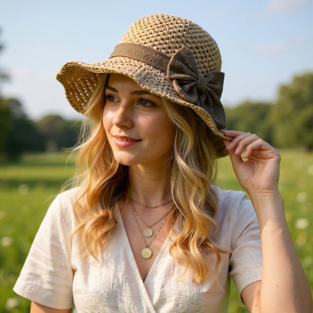 Women's Straw Sun Hat Wide Brim – Vintage Bow Detail