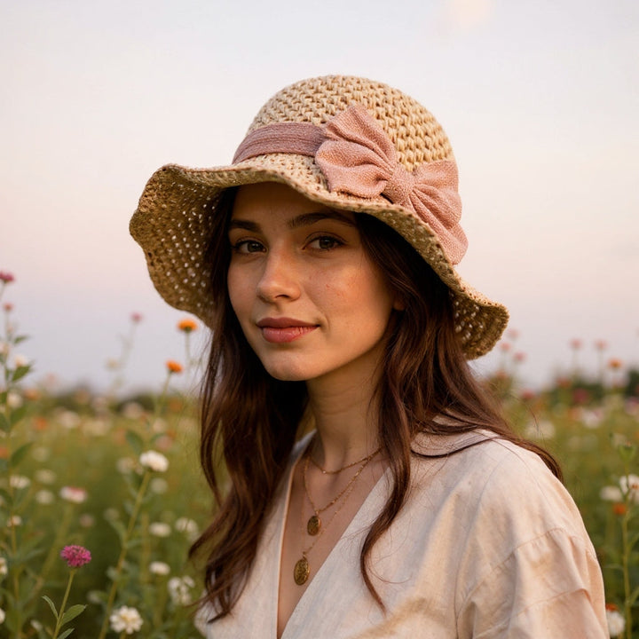 Women's Straw Sun Hat Wide Brim – Vintage Bow Detail