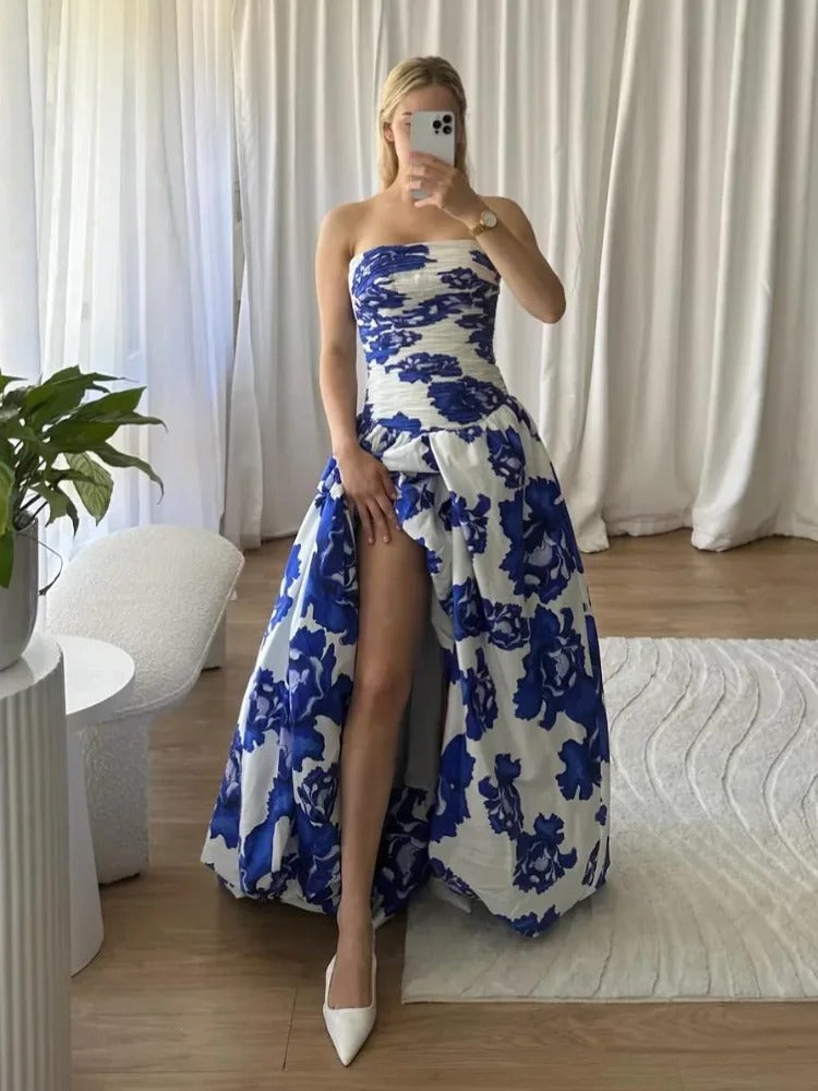 Floral Maxi Dress Strapless – Structured Bodice High Leg Slit