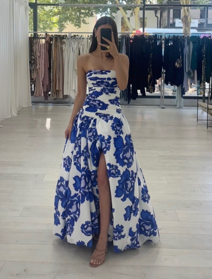Floral Maxi Dress Strapless – Structured Bodice High Leg Slit