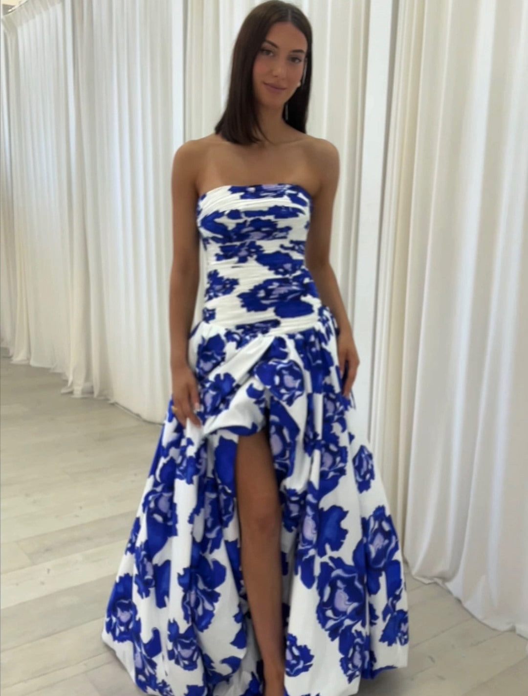 Floral Maxi Dress Strapless – Structured Bodice High Leg Slit