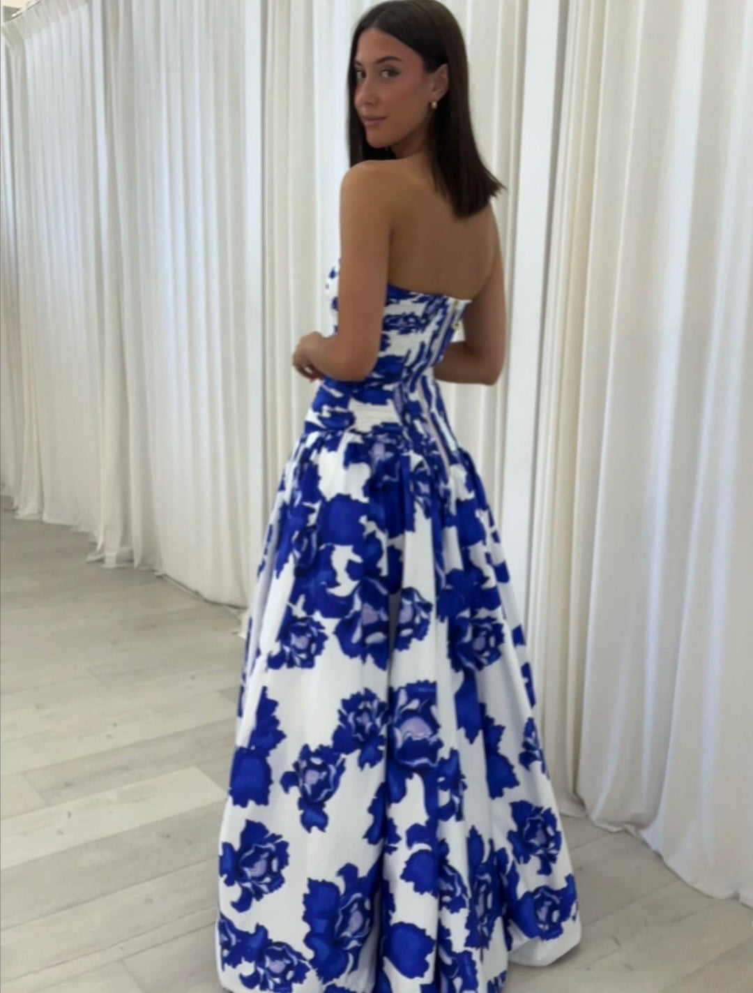 Floral Maxi Dress Strapless – Structured Bodice High Leg Slit