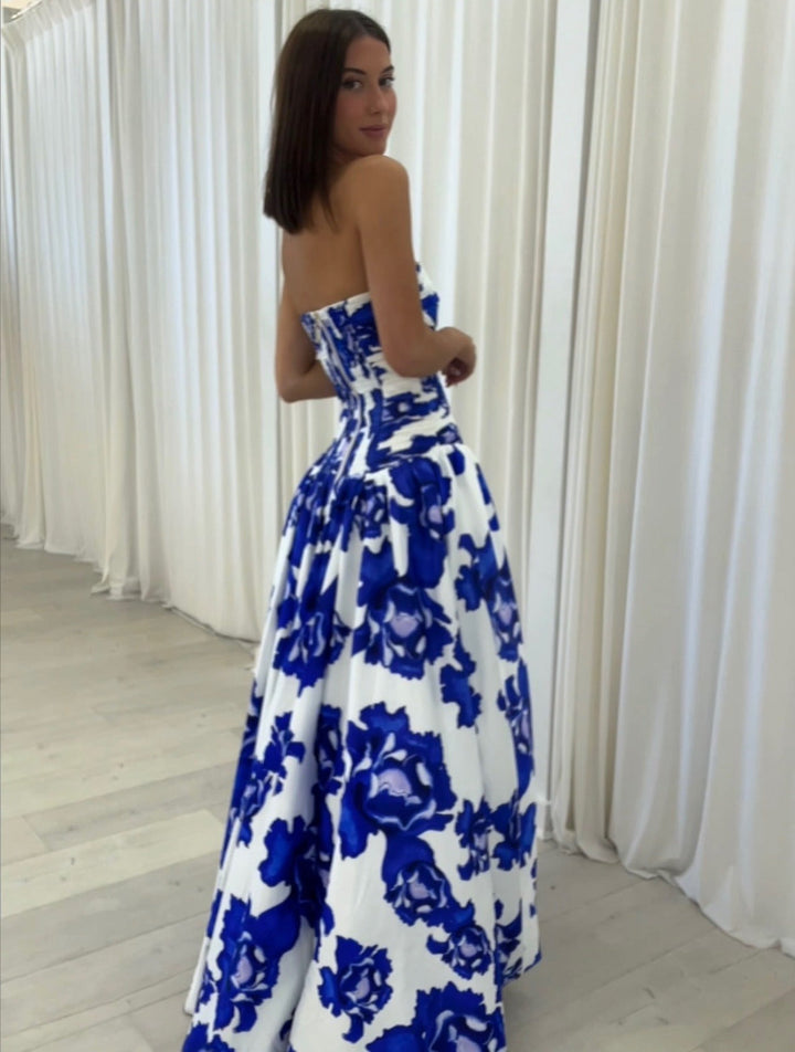 Floral Maxi Dress Strapless – Structured Bodice High Leg Slit