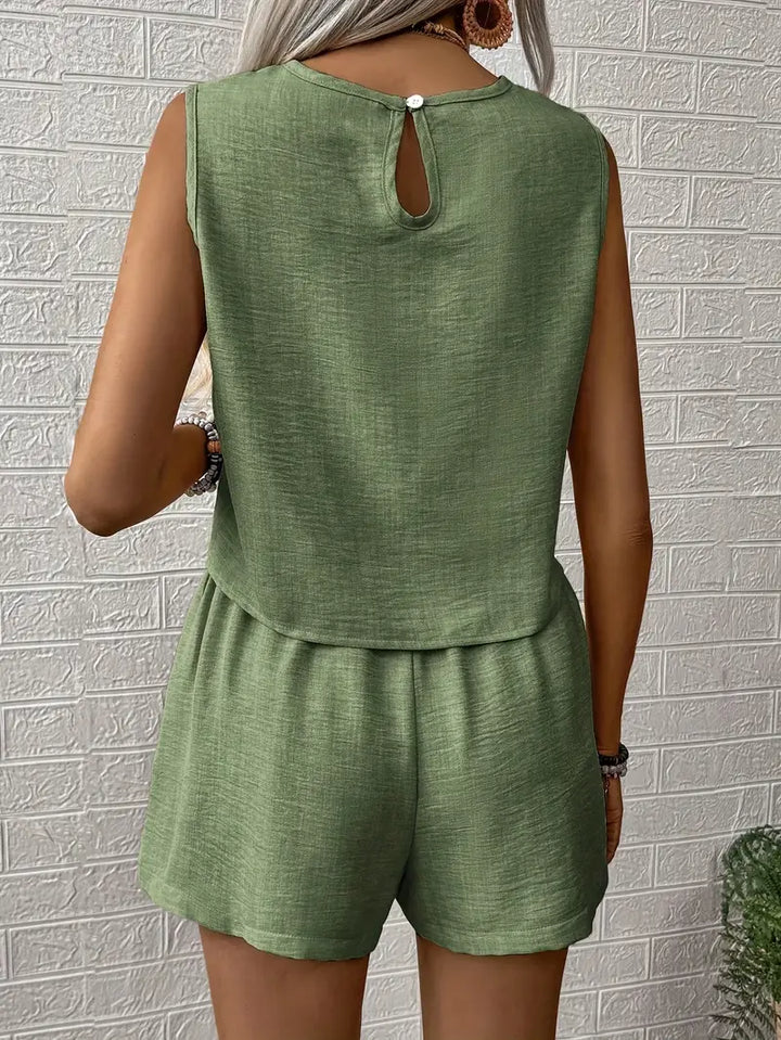 Women's Two Piece Set Woven Sleeveless Top & Shorts – Button Detail Relaxed Summer