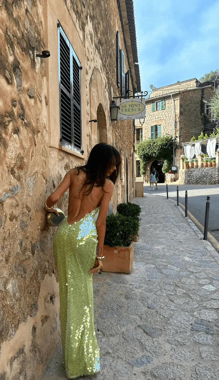 Sequin Maxi Dress Shimmering Backless Suspender Gown – Occasion Wear
