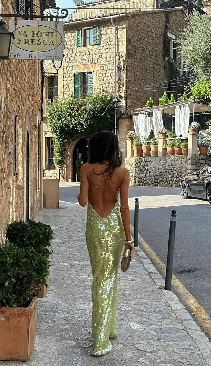 Sequin Maxi Dress Shimmering Backless Suspender Gown – Occasion Wear