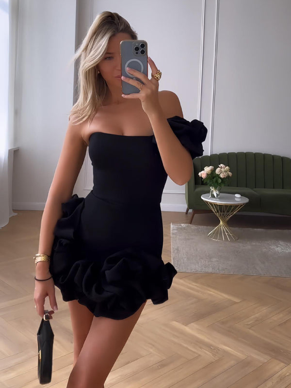Ruffle Mini Dress Stretch Fabric Bud Waist – Layered Bodycon Style
