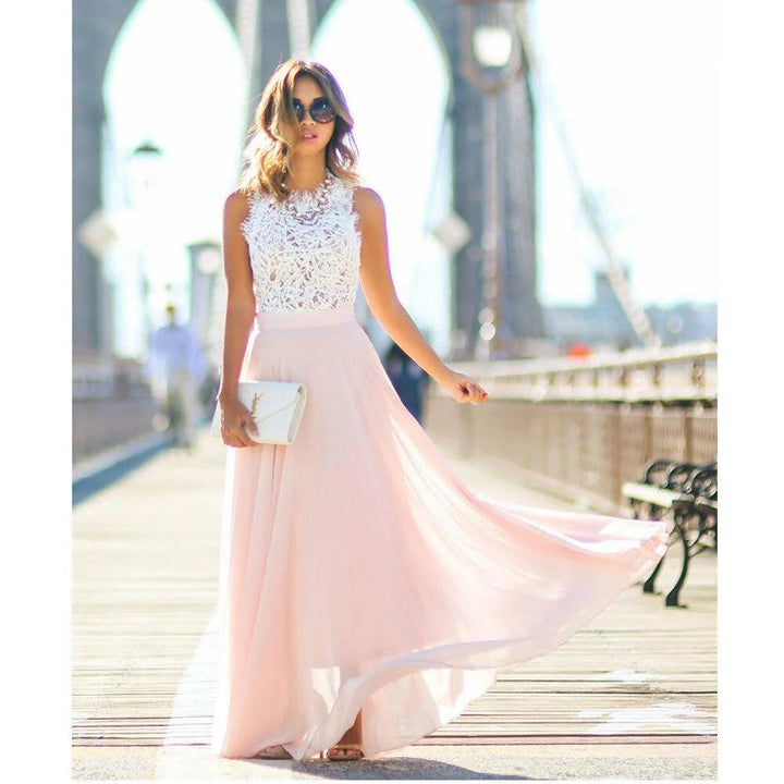 Lace Maxi Dress Chiffon Patchwork – Delicate Bodice Flowing Gown