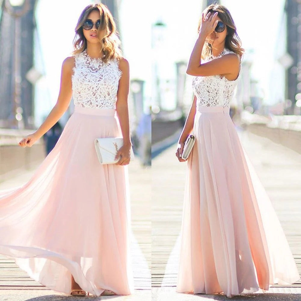 Lace Maxi Dress Chiffon Patchwork – Delicate Bodice Flowing Gown