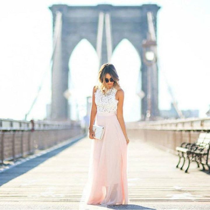 Lace Maxi Dress Chiffon Patchwork – Delicate Bodice Flowing Gown