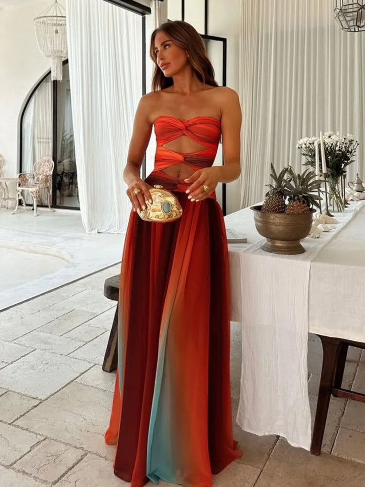 Strapless Maxi Dress Women Hollow-Out Flowy – Lightweight A-Line