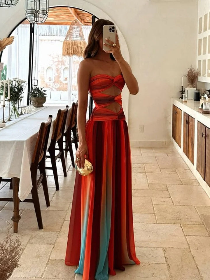 Strapless Maxi Dress Women Hollow-Out Flowy – Lightweight A-Line
