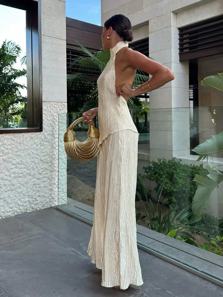 Women's Two Piece Set Sleeveless Halter Top – Wide-Leg Trouser Elastic Waist