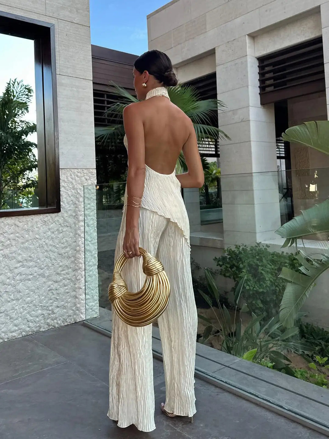 Women's Two Piece Set Sleeveless Halter Top – Wide-Leg Trouser Elastic Waist