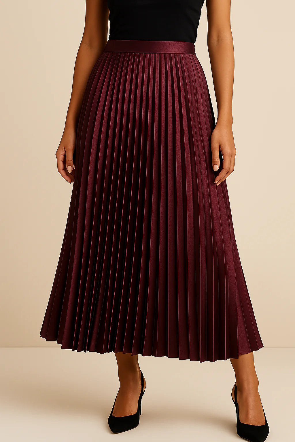 Pleated Midi Skirt Satin High-Waist – Flowing Silhouette Elegant Drape