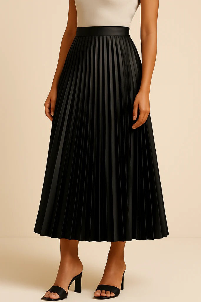 Pleated Midi Skirt Satin High-Waist – Flowing Silhouette Elegant Drape