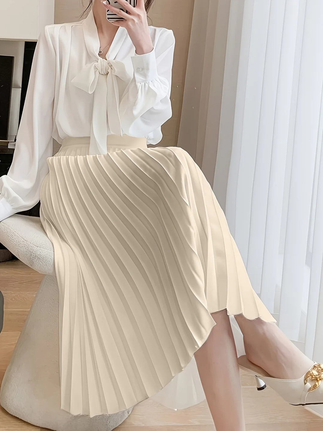 Pleated Midi Skirt Satin High-Waist – Flowing Silhouette Elegant Drape