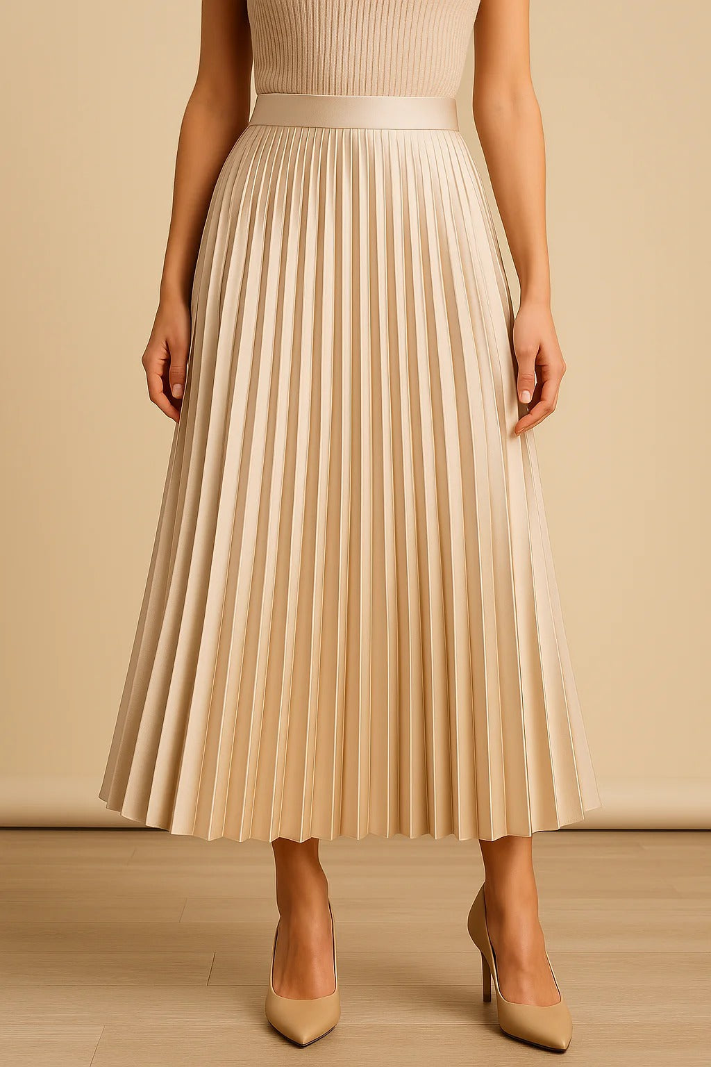 Pleated Midi Skirt Satin High-Waist – Flowing Silhouette Elegant Drape