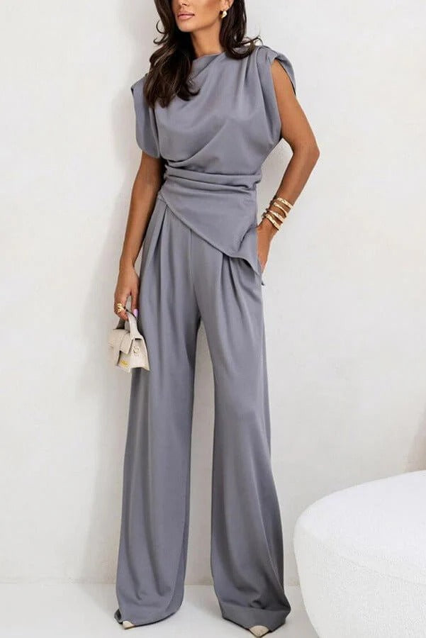 Women's Two-Piece Suit Woven Blazer & Trouser Set – Irregular Hem Structured
