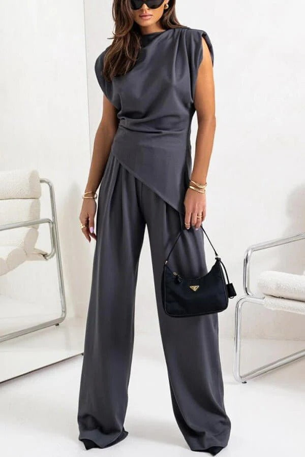 Women's Two-Piece Suit Woven Blazer & Trouser Set – Irregular Hem Structured