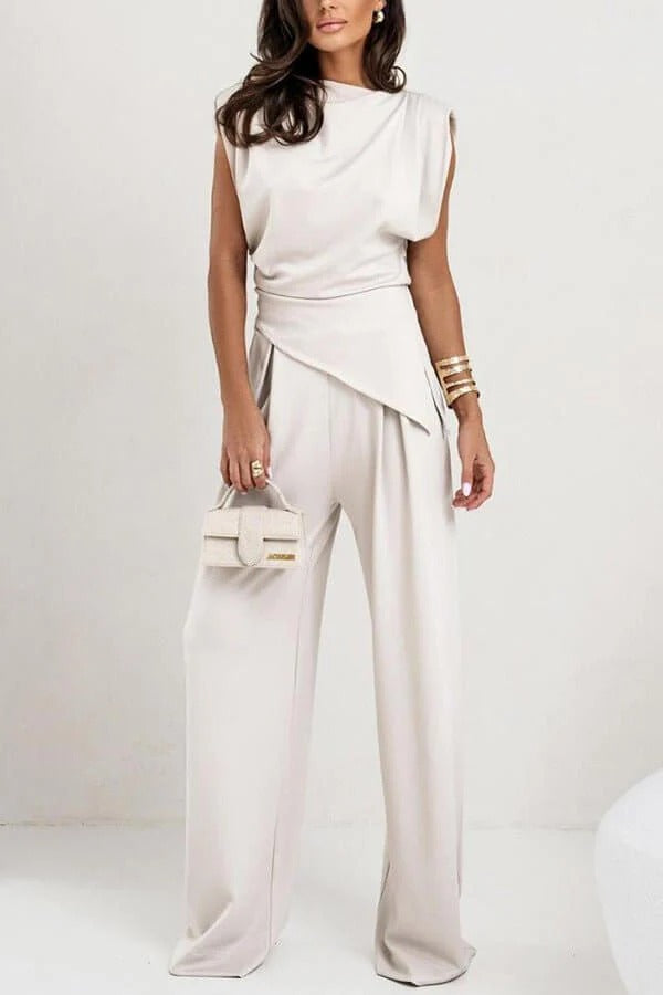 Women's Two-Piece Suit Woven Blazer & Trouser Set – Irregular Hem Structured