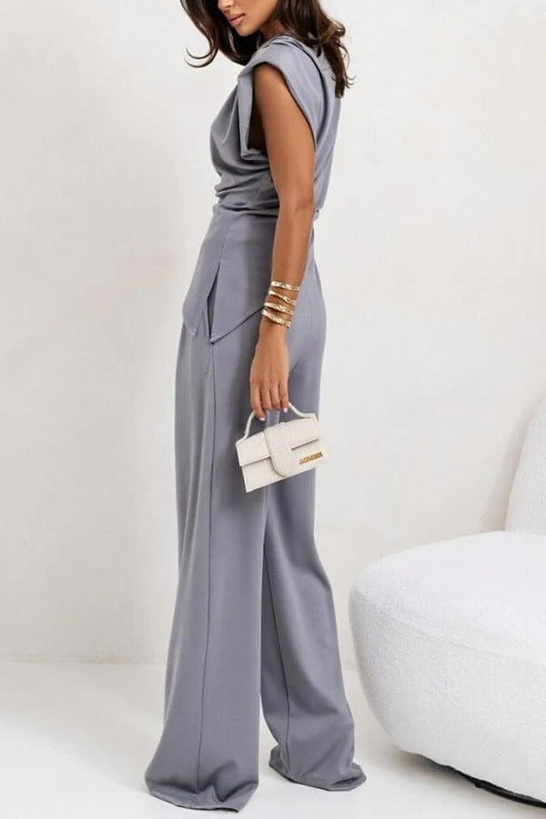 Women's Two-Piece Suit Woven Blazer & Trouser Set – Irregular Hem Structured