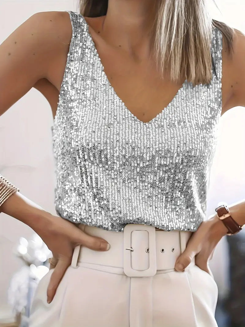 Sequin Tank Top Women Shimmering V-Neck – Sleeveless Glam Style