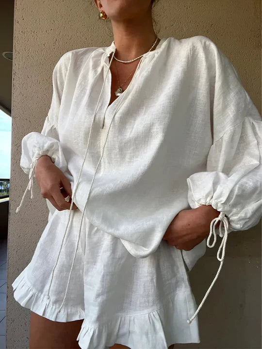 Women's Two Piece Set V-Neck Lantern Sleeve Top – Ruffle Shorts Lace-Up Detail