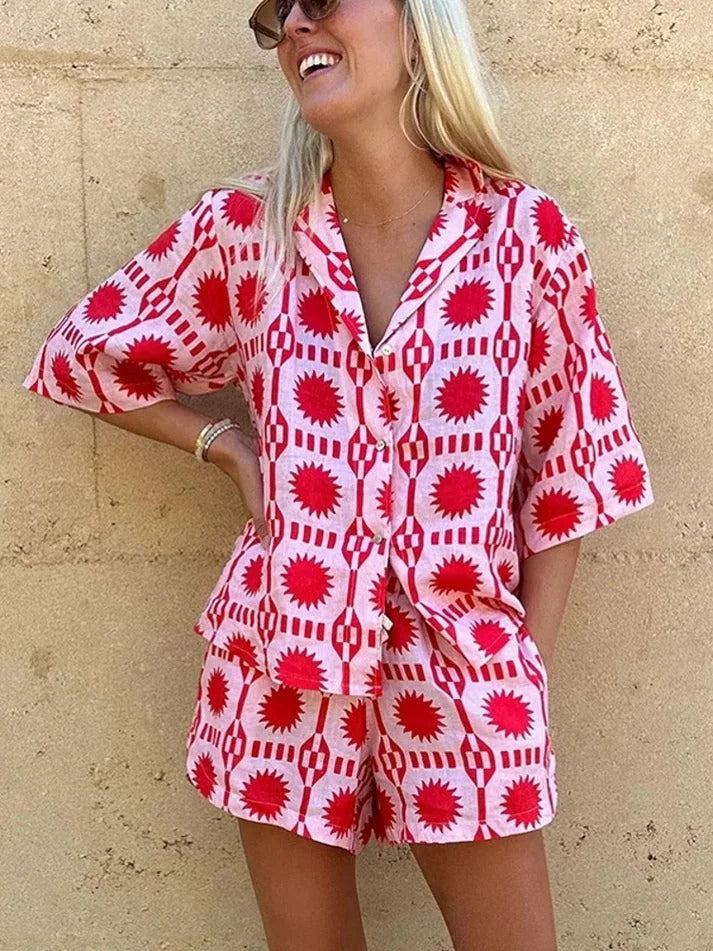 Two Piece Set Women Geo Print Shirt & Shorts – Lightweight Relaxed Summer