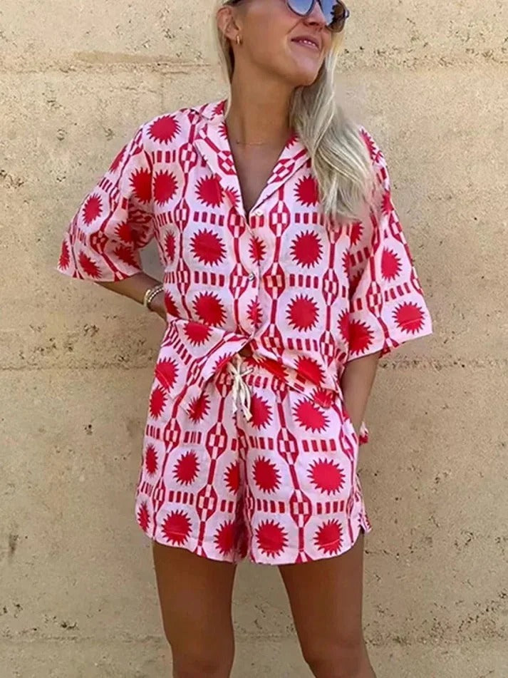 Two Piece Set Women Geo Print Shirt & Shorts – Lightweight Relaxed Summer