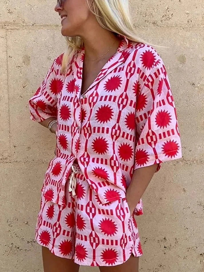 Two Piece Set Women Geo Print Shirt & Shorts – Lightweight Relaxed Summer