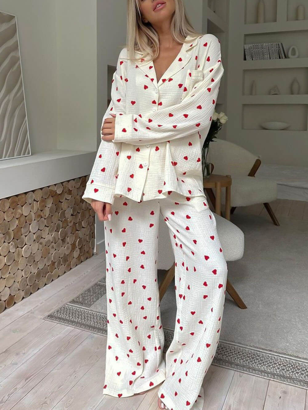 Women's Pajama Set Heart Print Two-Piece – Lounge Elastic Waist