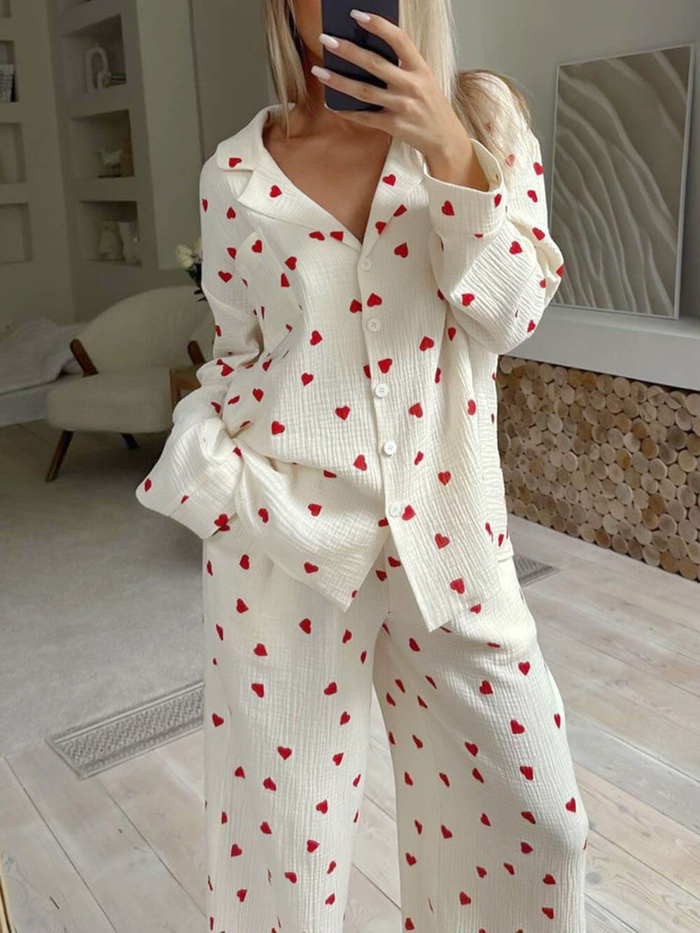 Women's Pajama Set Heart Print Two-Piece – Lounge Elastic Waist