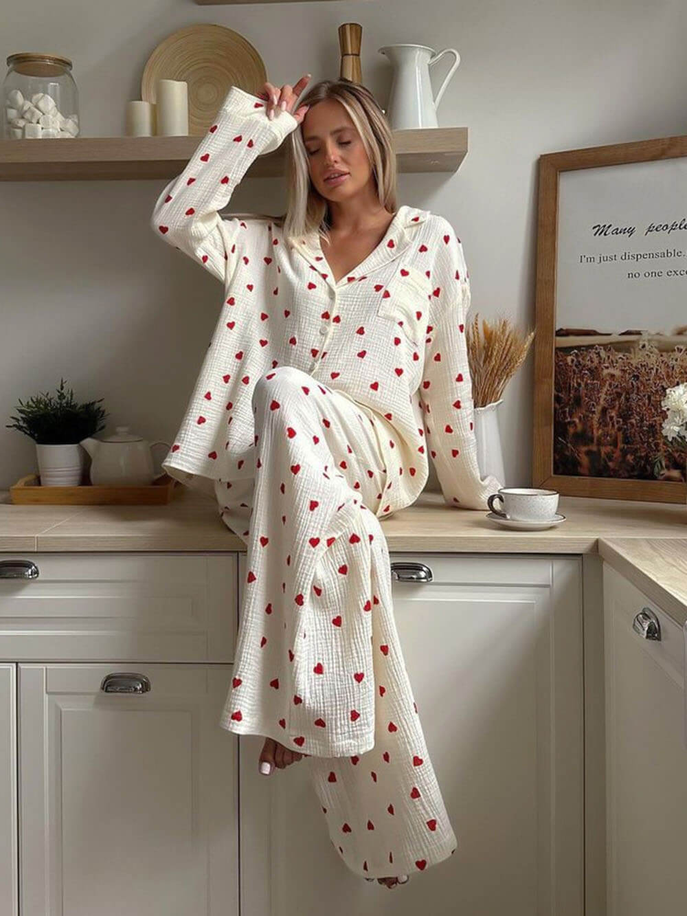 Women's Pajama Set Heart Print Two-Piece – Lounge Elastic Waist