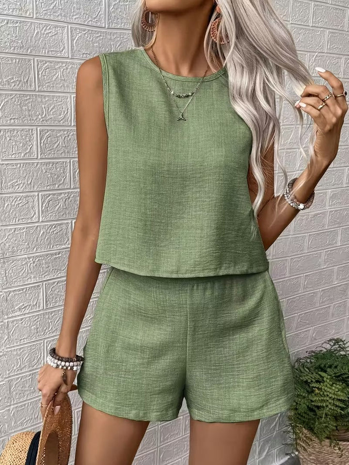 Women's Two Piece Set Woven Sleeveless Top & Shorts – Button Detail Relaxed Summer