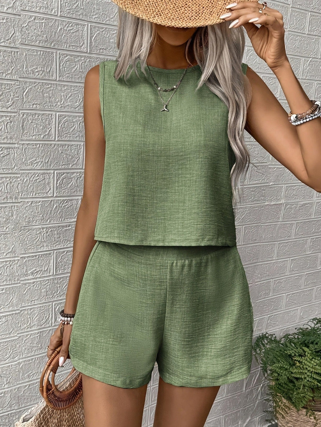 Women's Two Piece Set Woven Sleeveless Top & Shorts – Button Detail Relaxed Summer