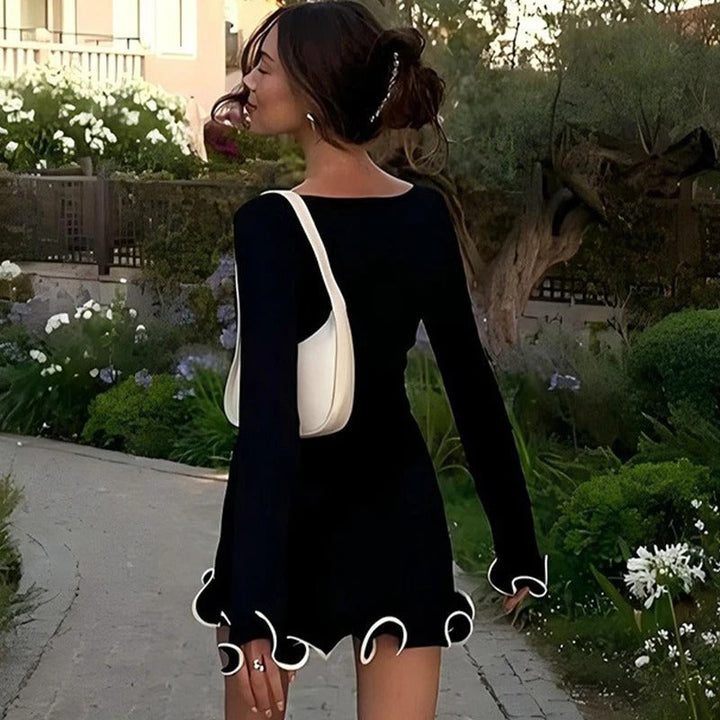 Ruffle Mini Dress Stretchy Bodycon Fit – Wavy Hem Long Sleeve Cocktail