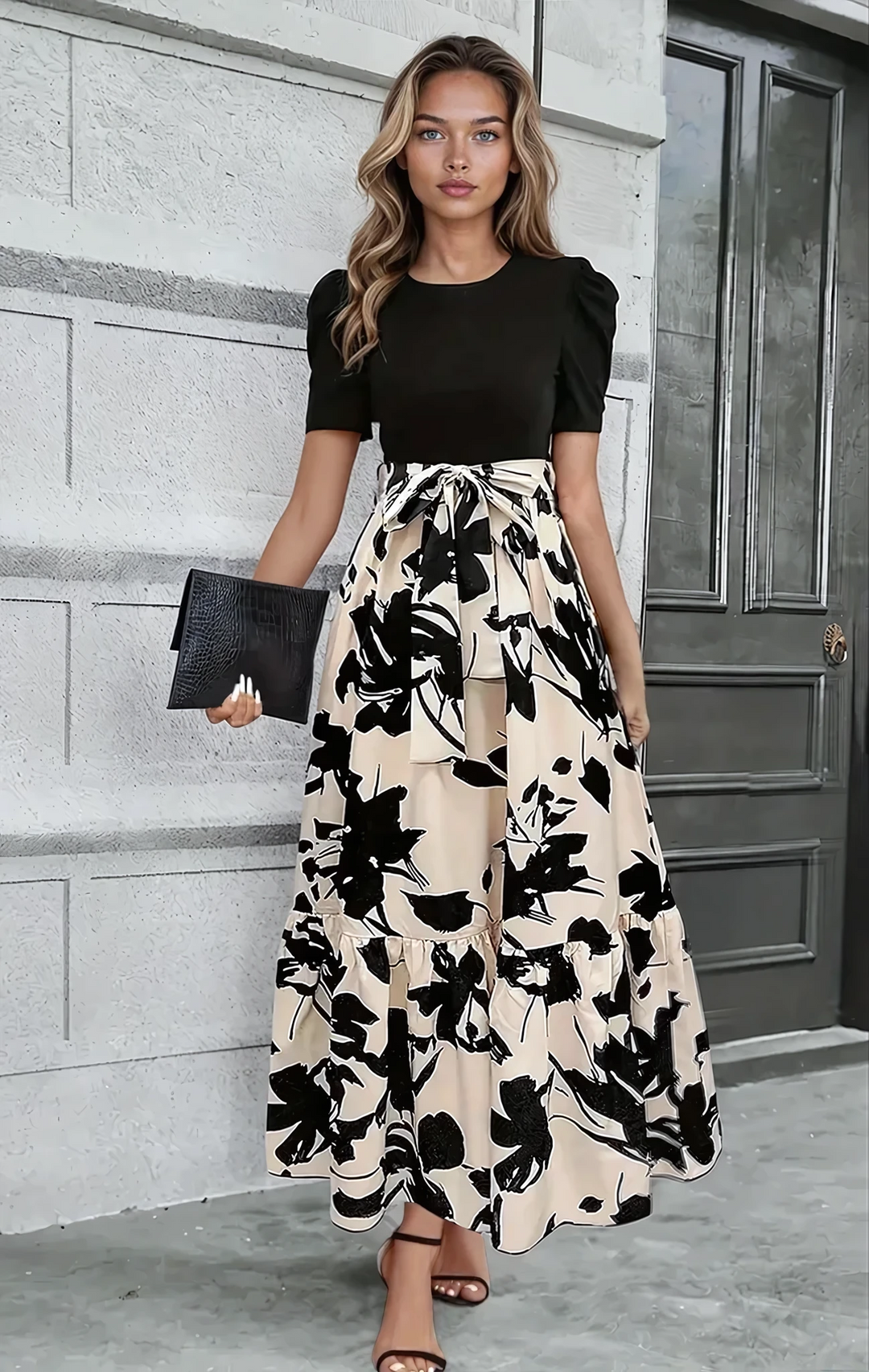 Floral Print Maxi Dress Woven – Round Neck Exotic Vacation Style
