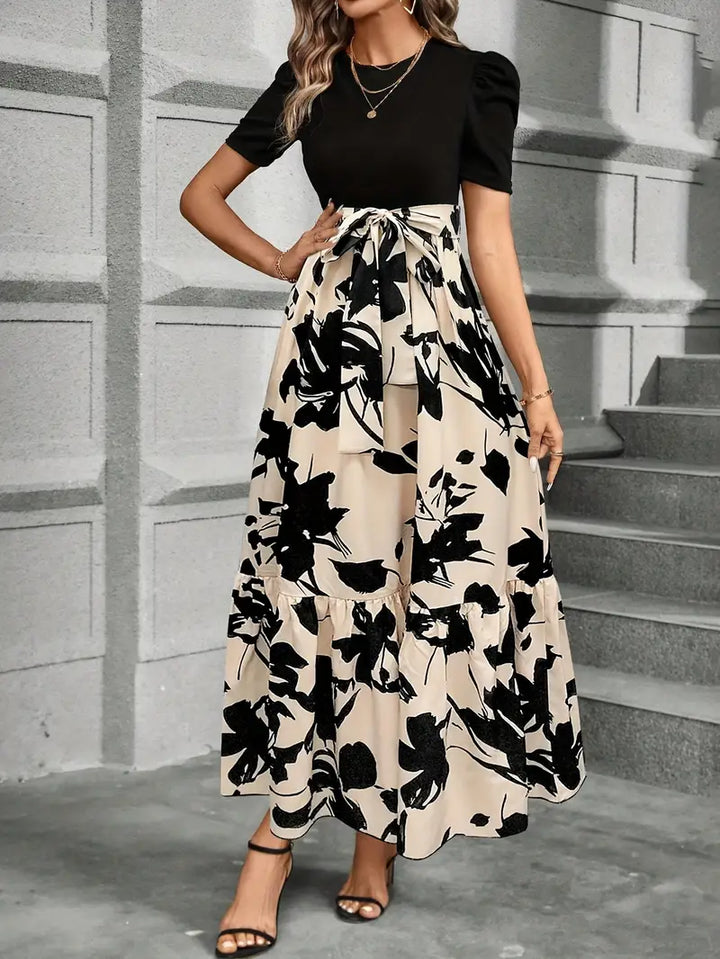 Floral Print Maxi Dress Woven – Round Neck Exotic Vacation Style