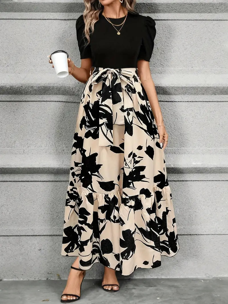 Floral Print Maxi Dress Woven – Round Neck Exotic Vacation Style