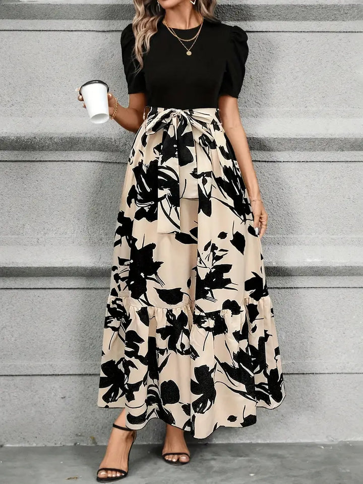 Floral Print Maxi Dress Woven – Round Neck Exotic Vacation Style